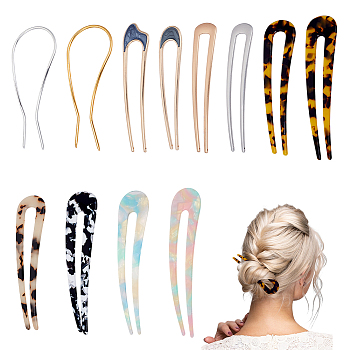 12Pcs 12 Style French Hair Forks, U Shape Updo Hair Pins Clips, for Thin Thick Hair, Matte Style, Mixed Color, 98~118x20~44x2~3mm, 1pc/style