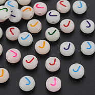 Acrylic Beads, Glow in the Dark, with Enamel and Luminous, Horizontal Hole, Flat Round with Alphabet, Letter.J, 6.5x7x4mm, Hole: 1.6mm, about 3600pcs/500g(MACR-N008-58J)