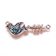 Brass Micro Pave Cubic Zirconia Links, with Abalone Shell/Paua Shell, Bird with Leaf, Rose Gold, 17x32x3.5mm, Hole: 1.4mm(BSHE-F012-05B-RG)