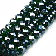 Glass Beads Strands, Pearl Luster Plated, Crystal Suncatcher, Faceted Rondelle, Dark Green, 12x8mm, Hole: 1mm,  about 72pcs/strand, 23 inch(X-GR12MMY-68L)