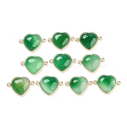 Natural Green Onyx Agate Connector Charms, Golden Tone Brass Edge, Heart, 20x28x7mm, Hole: 2.4mm(G-Q006-06B-G)