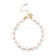 Natural Pearl Beaded Bracelet with Word Good Luck Brass Charm for Women, Floral White, Inner Diameter: 2-1/4~2-5/8 inch(5.6~6.7cm)(BJEW-JB08165-02)