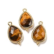 Natural Tiger Eye Faceted Pendants, Rack Plating Golden Plated Brass Teardrop Charms, 21x12x5mm, Hole: 1.6mm(G-M431-15G-09)