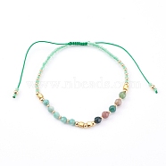Adjustable Nylon Cord Braided Bead Bracelets, with Natural Indian Agate & Flower Amazonite Beads, Glass Seed Beads and Brass Beads, Golden, Inner Diameter: 2-1/8~3-1/2 inch(5.5~9cm)(BJEW-JB06024-06)