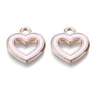 Alloy Enamel Charms, Heart, Pink, Light Gold, 15x14x2mm, Hole: 2mm(X-ENAM-Q425-29)