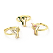 Mixed Color Enamel Initial Letter Adjustable Ring with Clear Cubic Zirconia, Real 18K Gold Plated Brass Jewelry for Women, Cadmium Free & Lead Free, Letter.Y, US Size 5 1/4(16mm), Letter.Y: 13.5x12.5mm(RJEW-P045-01G-Y)