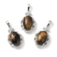 Natural Tiger Eye Oval Pendants, Platinum Tone Brass Micro Pave Clear Cubic Zirconia Flower Charms, Long-Lasting Plated, Lead Free & Cadmium Free, 30x19x10mm, Hole: 7.8x5mm(G-NH0025-15P-10)