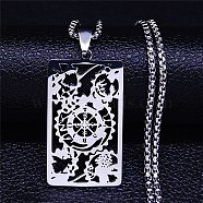 304 Stainless Steel Pendant Necklaces, Rectangle with Gear, Stainless Steel Color, 19.37 inch(49.2cm)(NJEW-K253-24P)