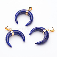 Natural Lapis Lazuli Pendants, with Golden Tone Brass Findings, Double Horn/Crescent Moon, 35x32x10mm, Hole: 4.5x8mm(G-D859-01A)