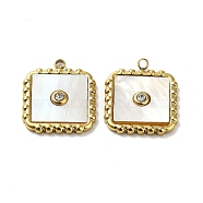 Ion Plating(IP) 304 Stainless Steel Pave White Shell Pendants, Square Charm with Crystal Rhinestone, Real 18K Gold Plated, 18x15x3mm, Hole: 1.6mm(STAS-Q254-36G)
