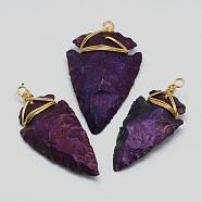 Electroplated Quartz Crystal Big Pendants, with Brass Finding, Arrowhead, Golden, Purple Plated, 47~72x20~32x6~12mm, Hole: 4mm(G-G908-03G)