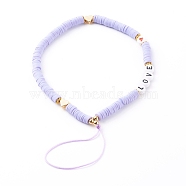 Polymer Clay Heishi Beaded Mobile Straps, Telephone Jewelry, with Acrylic Enamel Beads and Brass Beads, Word Love, Golden, Lavender, 20cm(HJEW-JM00464-05)