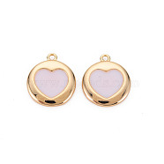 Brass Enamel Pendants, Nickel Free, Real 18K Gold Plated, Flat Round with Heart, Lavender, 16x14x2mm, Hole: 1.2mm(KK-S356-587C-NF)