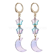 Moon & Star Glass Dangle Leverback Earrings with 304 Stainless Steel Pins, Lilac, 55x11mm(EJEW-JE05605-01)