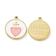 Vacuum Plating 201 Stainless Steel Pendants, with Enamel, Real 18K Gold Plated, Flat Round with Heart Charm, Pink, 23.5x20x2.7mm, Hole: 1.7mm(STAS-J401-VC1029)