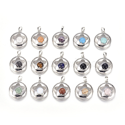 Natural & Synthetic Mixed Gemstone Pendants, with Platinum Tone Brass Findings, Flat Round with Star, 31.5x28x10.5mm, Hole: 4.5x7.5mm(G-L512-S)