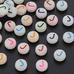Acrylic Beads, Glow in the Dark, with Enamel and Luminous, Horizontal Hole, Flat Round with Alphabet, Letter.J, 6.5x7x4mm, Hole: 1.6mm, about 3600pcs/500g(MACR-N008-58J)