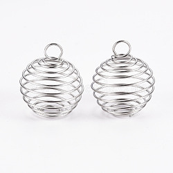 Iron Wire Pendants, Spiral Bead Cage Pendants, Round, Platinum, 25~26x20mm, Hole: 5~6mm(IFIN-R231-20mm-P)