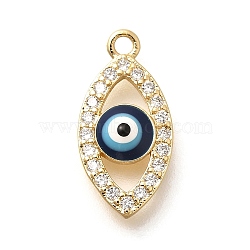 Brass Micro Pave Cubic Zirconia Pendants, with Enamel, Eye Charms, Real 18K Gold Plated, Midnight Blue, 15x7.5x3mm, Hole: 1.5mm(KK-U048-04G-01)