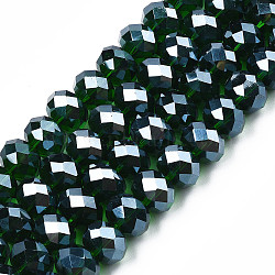 Glass Beads Strands, Pearl Luster Plated, Crystal Suncatcher, Faceted Rondelle, Dark Green, 12x8mm, Hole: 1mm,  about 72pcs/strand, 23 inch(X-GR12MMY-68L)