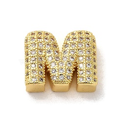 Brass Micro Pave Clear Cubic Zirconia Charms, Real 18K Gold Plated, Letter M, 10.5~13.5x3.5~14x5mm, Hole: 1.8~2x1.8~2.5mm(ZIRC-C009-01G-M)