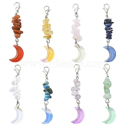 8Pcs 8 Colors Transparent Glass Moon & Gemstone Chip Pendant Decorations, with Lobster Claw Clasps, Platinum, Mixed Color, 60mm, 1pc/color(HJEW-YW00382)