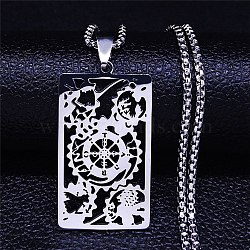 Non-Tarnish 304 Stainless Steel Pendant Necklaces, Rectangle with Gear, Stainless Steel Color, 19.37 inch(49.2cm)(NJEW-K253-24P)