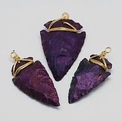 Electroplated Quartz Crystal Big Pendants, with Brass Finding, Arrowhead, Golden, Purple Plated, 47~72x20~32x6~12mm, Hole: 4mm(G-G908-03G)