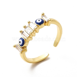 Enamel Evil Eye & Cubic Zirconia Open Cuff Ring, Real 18K Gold Plated Brass Jewelry for Women, Prussian Blue, US Size 7 3/4(17.9mm)(KK-H439-40B-G)