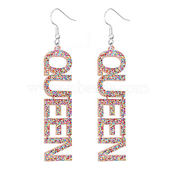 Bling Acrylic Word Queen Dangle Earrings, Platinum Plated Iron Feminism Jewelry for Women, Colorful, 90x17x2.5mm(GIPO-PW0001-017O)