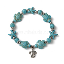 Starfish & Turtle Dyed Synthetic Turquoise Beaded Stretch Bracelets, Summer Alloy Charm Bracelets for Women, Dark Turquoise, Inner Diameter: 2-3/8 inch(6.1cm)(BJEW-JB10925-02)