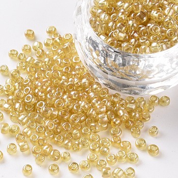 Glass Seed Beads, Trans. Colours Lustered, Round, Goldenrod, 3mm, Hole: 1mm, about 1111pcs/50g, 50g/bag, 18bags/2pounds