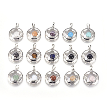Natural & Synthetic Mixed Gemstone Pendants, with Platinum Tone Brass Findings, Flat Round with Star, 31.5x28x10.5mm, Hole: 4.5x7.5mm