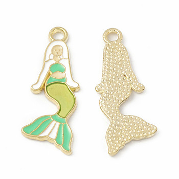 Alloy Enamel Pendants, Mermaid Charm, Golden, Spring Green, 31x12x1.3mm, Hole: 2.3mm