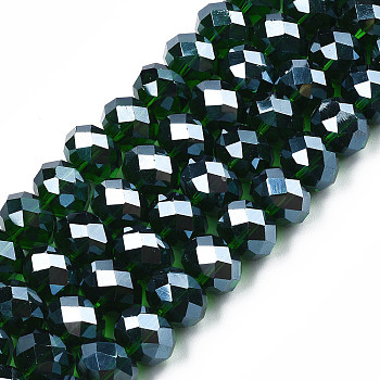 Glass Beads Strands, Pearl Luster Plated, Crystal Suncatcher, Faceted Rondelle, Dark Green, 12x8mm, Hole: 1mm,  about 72pcs/strand, 23 inch