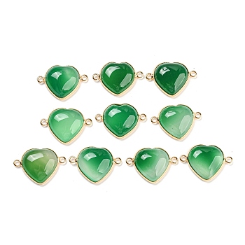 Natural Green Onyx Agate Connector Charms, Golden Tone Brass Edge, Heart, 20x28x7mm, Hole: 2.4mm
