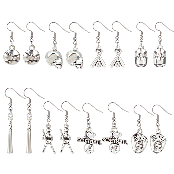 8 Pairs 8 Style Softball Sport Theme Alloy Dangle Earrings, 304 Stainless Steel Jewelry for Women, Antique Silver & Stainless Steel Color, Mixed Shapes, 40~57mm, Pin: 0.6mm, 1 pair/style