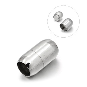 Smooth 304 Stainless Steel Barrel Magnetic Clasps with Glue-in Ends, Stainless Steel Color, 21x12mm, Hole: 8mm