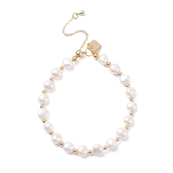 Natural Pearl Beaded Bracelet with Word Good Luck Brass Charm for Women, Floral White, Inner Diameter: 2-1/4~2-5/8 inch(5.6~6.7cm)
