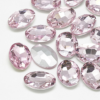 Pointed Back Glass Rhinestone Cabochons, Back Plated, Faceted, Oval, Light Rose, 18x13x5.5mm
