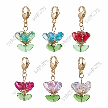 6Pcs Glass Flower Pendant Decorations, with 304 Stailess Steel Lobster Claw Clasp, Mixed Color, 39.5mm