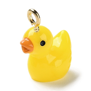 Opaque Resin Cartoon Pendants, Duck Charms with Platinum Tone Iron Loops, Yellow, 18~21.5x17x11.5mm, Hole: 2.3mm