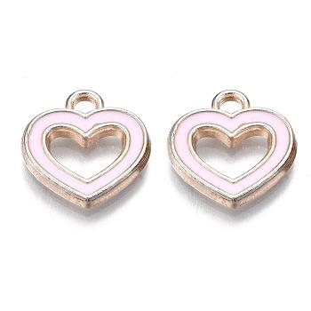 Alloy Enamel Charms, Heart, Pink, Light Gold, 15x14x2mm, Hole: 2mm