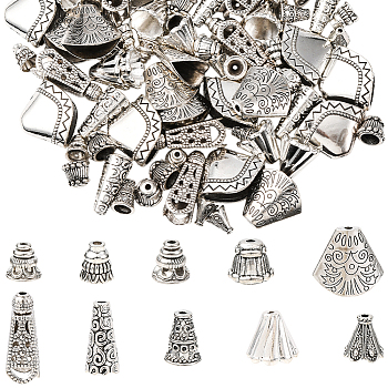 100Pcs 10 Styles Tibetan Styles Alloy Bead Cone & Caps, Antique Silver, 7.5~23x67.5~23x6.5~12mm, Hole: 1.2~2.2mm, 10pcs/style