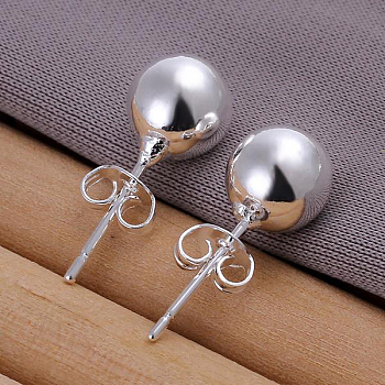 Ball Brass Stud Earrings, Silver Color Plated, 8mm