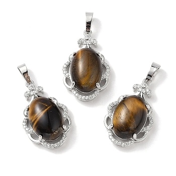 Natural Tiger Eye Oval Pendants, Platinum Tone Brass Micro Pave Clear Cubic Zirconia Flower Charms, Long-Lasting Plated, Lead Free & Cadmium Free, 30x19x10mm, Hole: 7.8x5mm