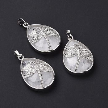 Natural Quartz Crystal Pendants, Rock Crystal Pendants, with Platinum Tone Brass Findings, Lead Free & Cadmium Free, Teardrop with Dragonfly Charms, 40~40.5x26~26.5x9~9.5mm, Hole: 5x7mm