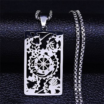 304 Stainless Steel Pendant Necklaces, Rectangle with Gear, Stainless Steel Color, 19.37 inch(49.2cm)