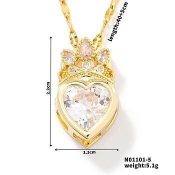 Fashionable Brass Cubic Zirconia Crown Heart-Shaped Pendant Dapped Chain Necklaces for Women, Golden, Clear, 15.75 inch(40cm)