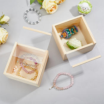 Unfinished Wood Storage Gift Box with Visible Acrylic Slide Lid, Wooden Sliding Case for Christmas, Wedding, Party, Gift Storage, Square, PapayaWhip, 11.9x11.9x7.7cm